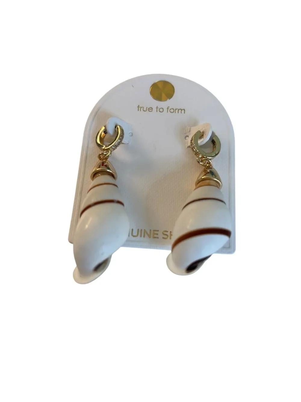 True to Form Small Pave Huggie Hoop Conch Shell Drop Earrings.